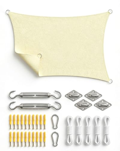 Vela de Sombra Rectangular 3x4m con Kit de Instalación, HDPE Impermeable y Antidesgarro, Protección UV, Resistente al Viento, Incluye Accesorios, Balcón, Jardín o Patio, Beige