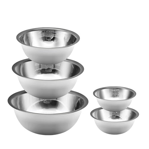 5 Piece Stainless Steel Mixing Bowl Set With Measurement Markers Multipurpose Soup Basin 5 Sizes Space Saving Nesting Bowls Mixing Bowls for Baking Cooking Food Storage(0.5L 0.8L 1.55L 2.1L 2.6L)