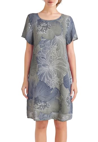 PEKIVESSA Leinenkleid mit kurzen Ärmeln Knielang Blumenmuster Olivgrün 46 (3XL)