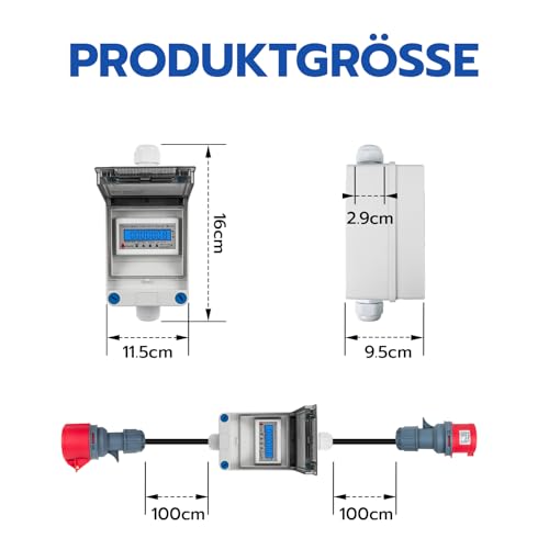 WSPIHO 16A Mobiler Digitaler Stromzähler 3 Phasen mit LED,CEE Adapter 16A auf 16A,IP44 5 Pin Stecker und Kupplung mit 2,5 mm² CEE Verlängerungskabel (16A 1M+1M)