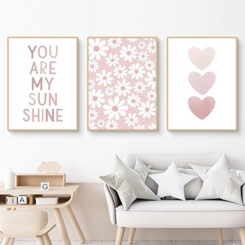 Ueiwffzo 3er Set Poster & Kunstdrucke - Rosa Regenbogen Gänseblümchen Bilder, Kinderzimmer Deko, Ohne Rahmen (A3, 30x40cm)