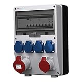 Steckdosen und modulare Geräte: Schutz vor direktem Kontakt: 40A 30mA 3P+N SIEMENS; CEE-Steckdosen 1 x 16A 5P 400V IP44 Typ 1385 Mennekes; 1 x 32A 5P 400V IP44 Typ 3451 Mennekes; CEE-Steckdosen abgesichert: 1 x C16 3P 10kA SIEMENS; 1 x C32 3P 10kA SIEMENS; 230V 16A Steckdosen: 4 x 230V 16A Mennekes 11011 IP54 2P+E Schuko; 230V Steckdosen abgesichert: 2 x C16 1P 10kA SIEMENS; Phasenschiene: 3P 12M 10mm2