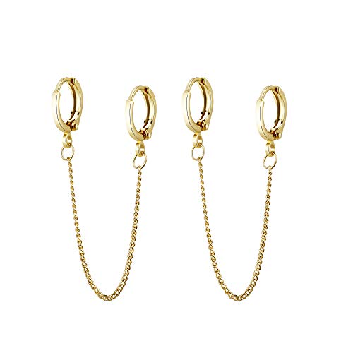 Tewiky Double Hoop Earrings 14k Gold Plated Cuff Chain Earrings Dangle Huggie Piercing Earrings for Women Men
