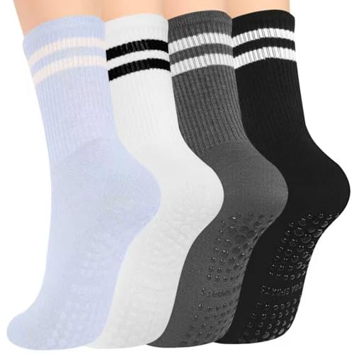 Pilates Yoga Socks with Grips for Women - Crew Length Ballet Barre Socks - Sticky Workout Hospital Socks