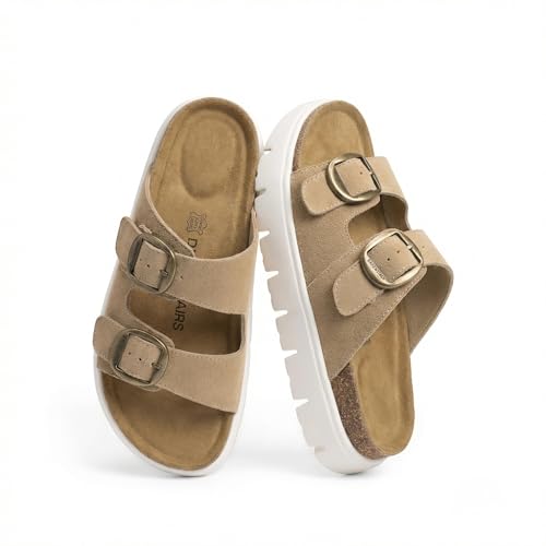 DREAM PAIRS Women's Platform Sandals Wedge Chunky Heel Slip-on Comfort Slides with Arch Support Cork Footbed Adjustable Buckle Summer Slide Sandals 6.5 Taupe