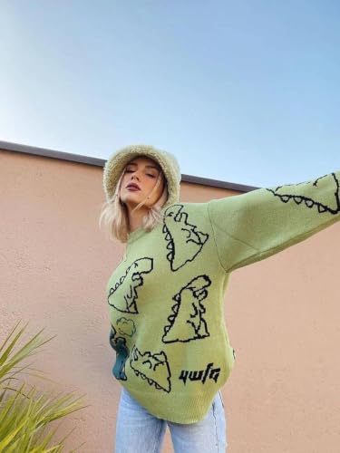 Image of Aelfric Eden Womens Sweaters Oversized Dinosaur Cute Graphic | Knitted Unisex Long Sleeve Crewneck Kawaii Cartoon Print Casual Vintage y2k Streetwear Pullover Tops