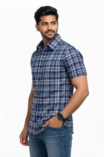 Image of Xuber Men's Blue Checked Cotton Blend Casual Shirt | Half Sleeve | Regular Fit | Stylish Plaid Design