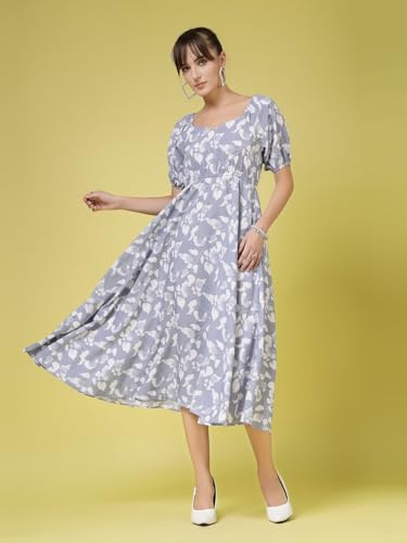 Image of OOMPH! Below Knee Shift Pink Dress in Crepe Fabric with Round Neck and Puff Sleeves - md619l