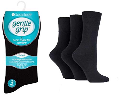 Ladies Diabetic Gentle Grip HoneyComb Top Non Elastic Seamless Socks 3 Pairs (Black) Size 4-8