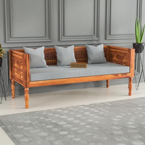 Image of Sheesham Wooden 3 Seater Sofa for Living Room | Rosewood Cushion | Solid Wood Sofa Set for Lounge (Honey with Grey Cushion, 3 Seater)