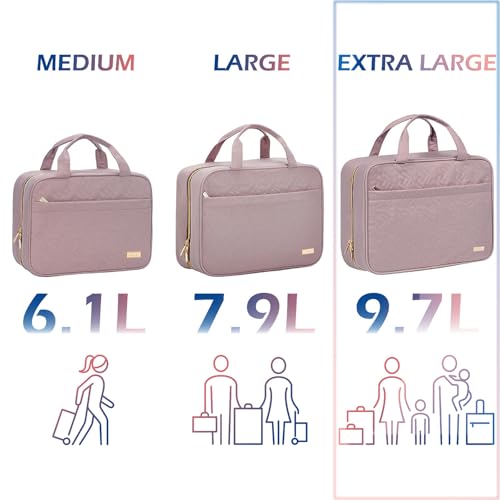 Image of NISHEL Travel Toiletry Bag for women, Portable Hanging Organizer for Family-Sized Shampoo, Conditioner, Brushes Set, Makeup Accessories, Extra Large Size, Peach Pink