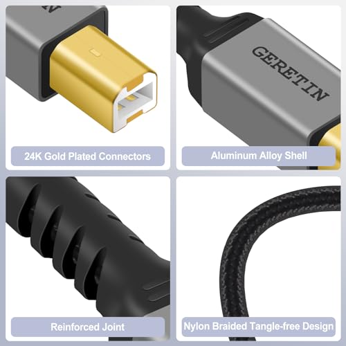 GERETIN USB B to USB C Printer Cable 2M USB Type B 2.0 Data Lead Scanner Cable USB Type C Printer Cable Braided Nylon Compatible with HP Canon Epson Lexmark MacBook Pro/Air iMac XPS ASUS Laptops etc - Image 4