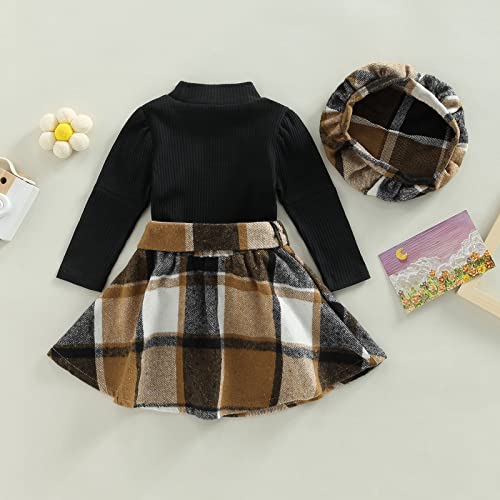 Mubineo Toddler Baby Girl 3PCS Fall Winter Skirt Outfits Long Sleeve Shirt Tops Plaid Skirts Hat Set3