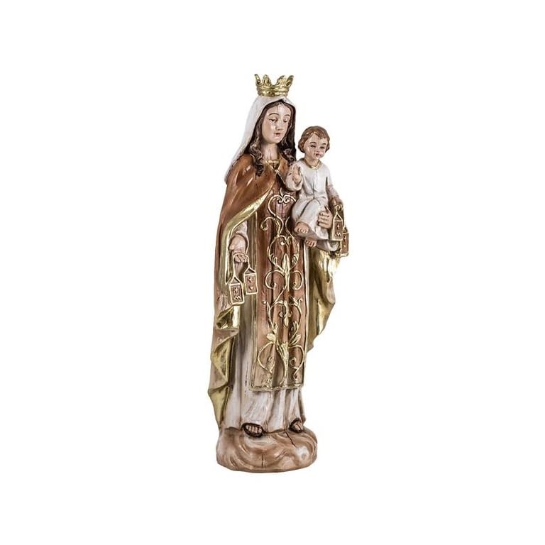 Figura Virgen del Carmen patrona de la Armada Española y de los Marineros de Resina Pintada a Mano Estilo Madera Clara de 20 cm