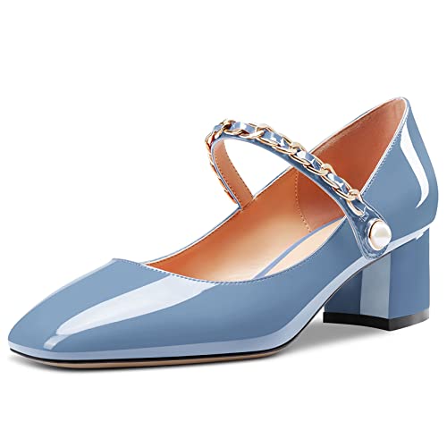 Aachcol Women Chunky Block Mid Low Heel Pumps Mary Jane Slip-on Square Toe Dress Shoes Office Party Wedding Patent 2 Inch