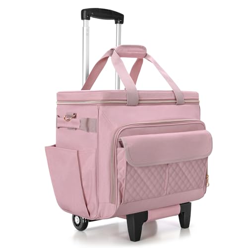 Luxja Bolsa de Profesora con Ruedas con Compartimento para Computadora Portátil y Plataforma Rodante Desmontable, Bolso para Maestra con Área de Archivo de Acordeón (Solo Bolsa), Rosa ✅