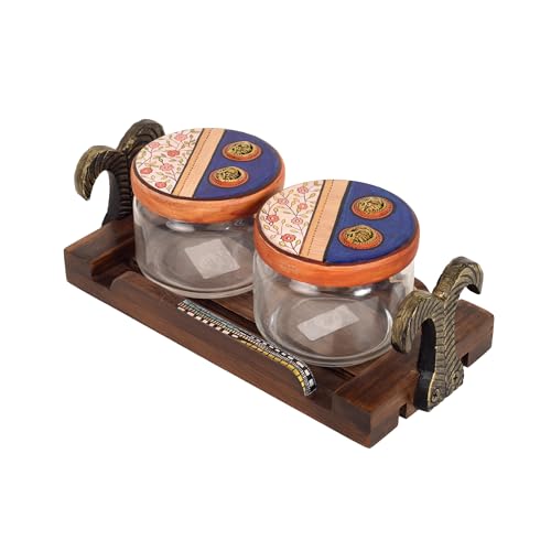 Image of AAKRITI ART CREATIONS Joyful Noshing S02 Wooden Tray with 2 Glass Jars | Dhokra Warli Fusion Art | Multi-Colored Matte Finish | Wood & Glass Kitchen Storage & Decor