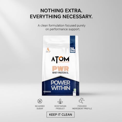 Image of AS-IT-IS ATOM PWR Whey XL - Powered with Fermented Yeast Protein Isolate, 24g Protein, with DigeZyme, Easy Digest, Lean Muscle Gains & Strength, Rapid Recovery, 1kg Double Rich Chocolate