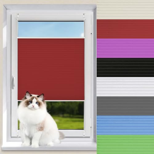 Plissee ohne Bohren 50 x 60 cm Einstellbarer Plissee Klemmfix Rollo leicht zu montieren mit Klemmträger für Fenster & Türen, Rot