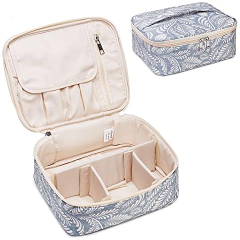 Narwey Travel Makeup Bag with Brush Compartments，Portable Cosmetic Bag，Make up Bag Makeup Organizer Case with Brush Storage for Women (Blue Leaf) Cover