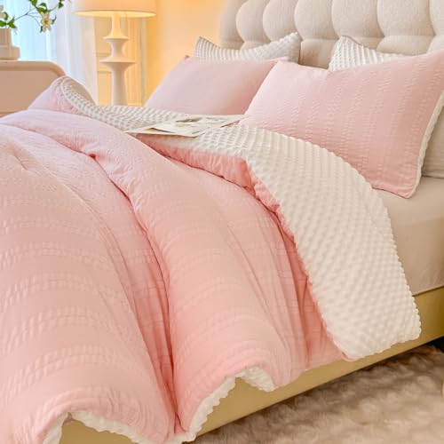Image of tohrisa Boho Comforter Set Queen Size Striped Pleats Bohemian Seersucker Bedding Set All Season Soft Cozy 3 Pieces Quilt with 2 Pillowcases(90 inchX90 inch Blush Pink)