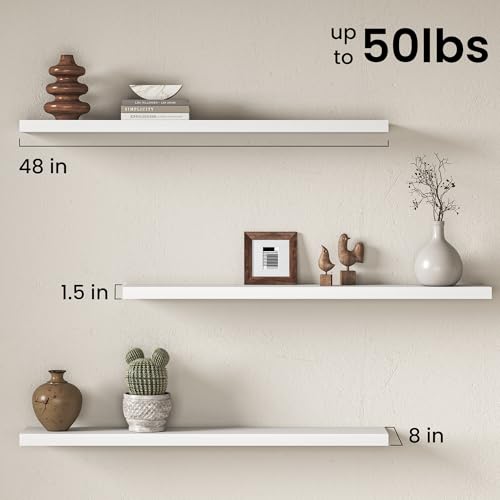 Image of Fun Memories 48Inch Floating Shelves for Wall, 8 Inch Deep Shelves for Bathroom|Bedroom|Kitchen, Large Wall Mounted Wood Hanging Shelf with Invisible Brackets for Home Storage Decor, White - 2 Pack