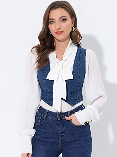 Allegra K Denim Vest for Women's Button Up Sleeveless Crop Jean Vest Waistcoat2