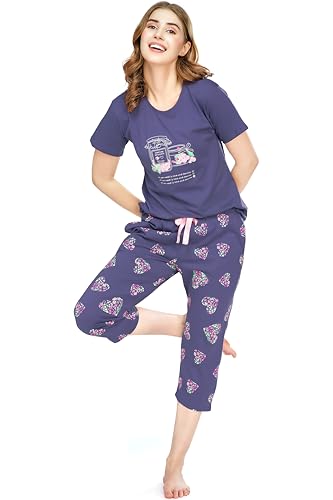 Image of ZEYO Night Suit for Women's Heart Printed Cotton Night Dress of Top and Capri Set 5747