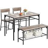 Shintenchi Kitchen Table Chairs Set of 4, Dining Table Set for 4 with Bench and Chairs, 4 Pieces Kitchen Table Set with Storage Rack & Metal Frame for Small Space, Gray
