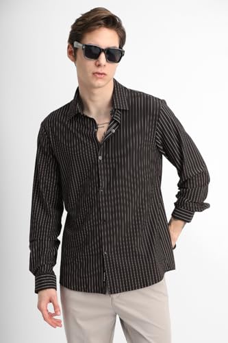 Image of SNITCH Men Casual Plus Size Shirt | Regular Fit Full Sleeve Mandarin Collar Striped Design | Premium Cotton Linen Blend & Breathable Fabric for Office & Everyday Wear