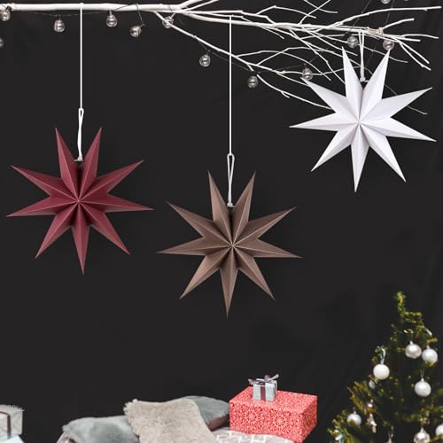 Image of SUNBEAUTY 3 Pcs 9-Pointed Brown Burgundy White Paper Star Lanterns 12 Inch Christmas Hanging Lamp Rustic Paper Decorations Shade Wedding Birthday Christmas Home Party Decorations