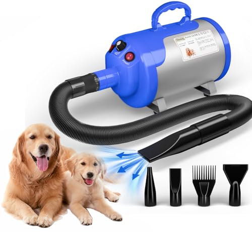Blanlody Pulseur pour Chien Blaster 3800 W/5,2 HP - Chauffage à Basse température sonore avec 5 Buses différentes et Brosse de toilettage pour Animaux de...