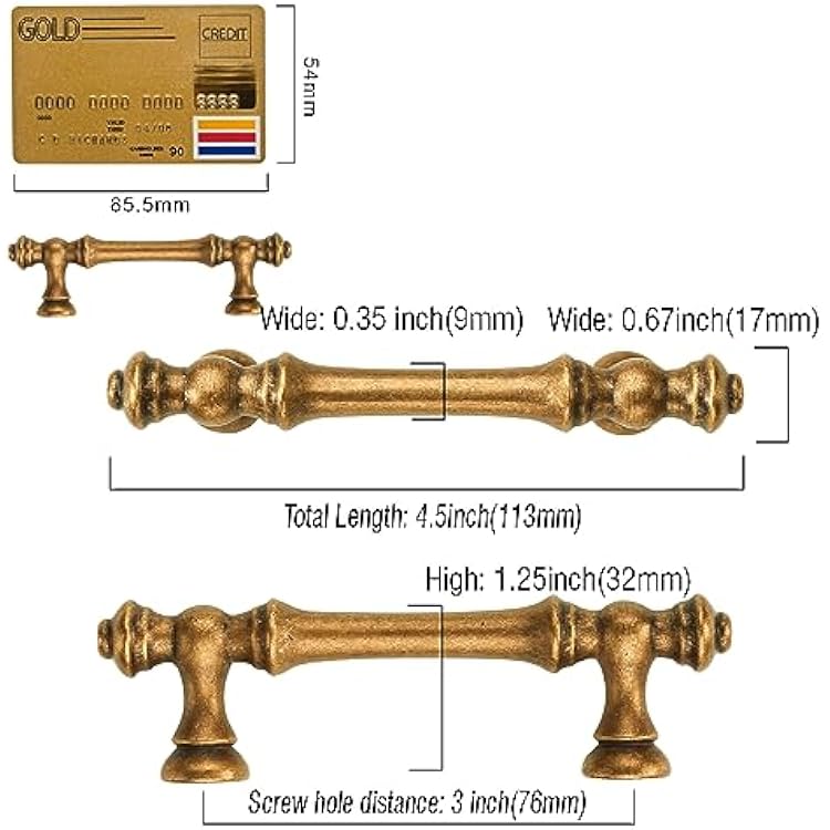 Amerdeco 10 Pack Antique Brass Cabinet Pulls 3 Inch(76mm) Hole Center Cabinet Hardware Kitchen Cabinet Handles for Bathroom Drawer Pulls Dresser Pulls ZH0014