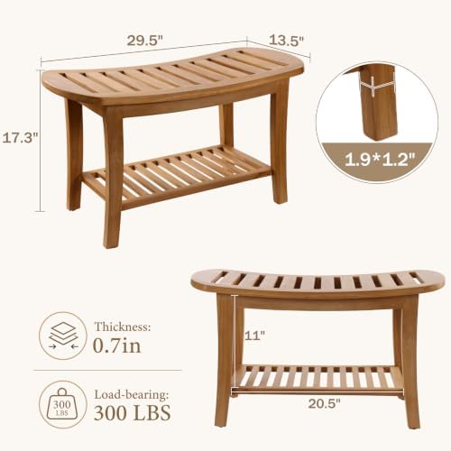 29.5" Large Shower Bench with Shelf, 100% Indonesia Teak, Fully Assembled