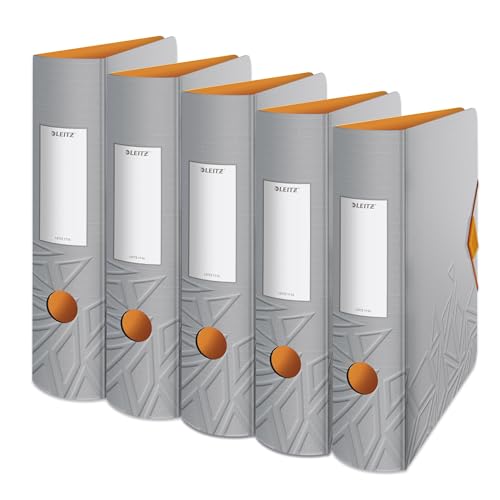 Leitz Archivador de calidad 180° Active, paquete de 5 unidades, A4, ancho, lomo redondeado, 8,2 cm de ancho, cierre de goma, espuma ligera, archivador de plástico, serie Urban Chic, gris, 11160088