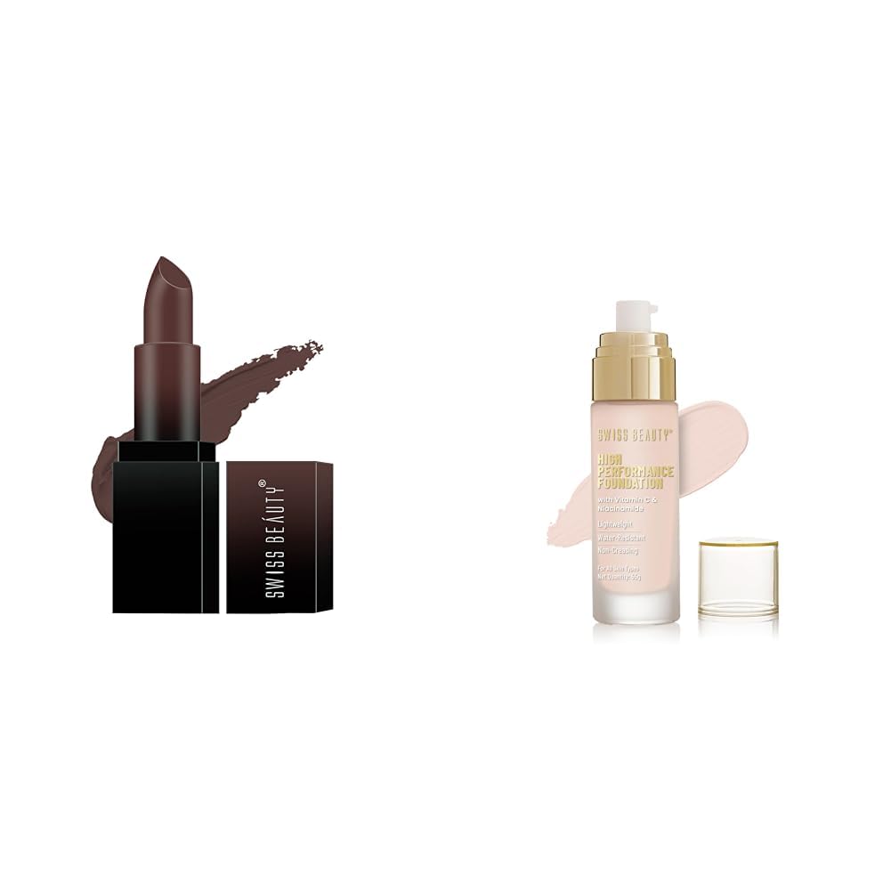 Swiss Beauty Hd Matte Pigmented Smudge Proof Lipstick | Creamy Matte Long Stay Lipstick & Swiss Beauty High Performance Foundation | Water-Resistant | Medium to Buildable Coverage Swiss Beauty Hd Matte Pigmented Smudge Proof Lipstick | Creamy Matte Long Stay Lipstick & Swiss Beauty High Performance Foundation | Water-Resistant | Medium to Buildable Coverage