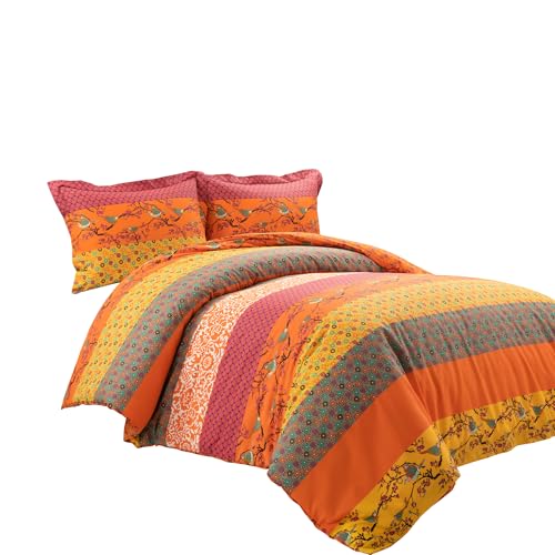 Image of Lush Decor Royal Empire Reversible Cotton Duvet Cover Set, 3 Piece Set Full / Queen, Tangerine - Striped Bedding Set - Queen Duvet Cover - Boho Decor - Orange Bedding