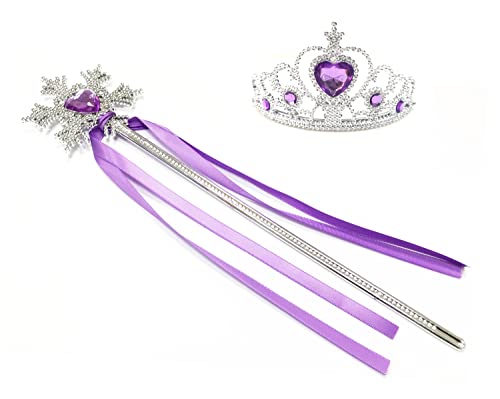 Kuzhi Princess Elsa Crown Tiara and Wand Set — Silver Heart Jewel (Dark Purple,Snowflake)