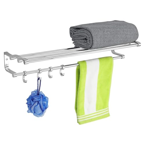 Image of Pivalo Folding Towel Rack Wall Mounted Double Aluminium Rod Napkin Holder Multipurpose Hanger Stand Bathroom Accessories Bar for Home Kitchen Washroom (Pack of 1, Silver, 1027)
