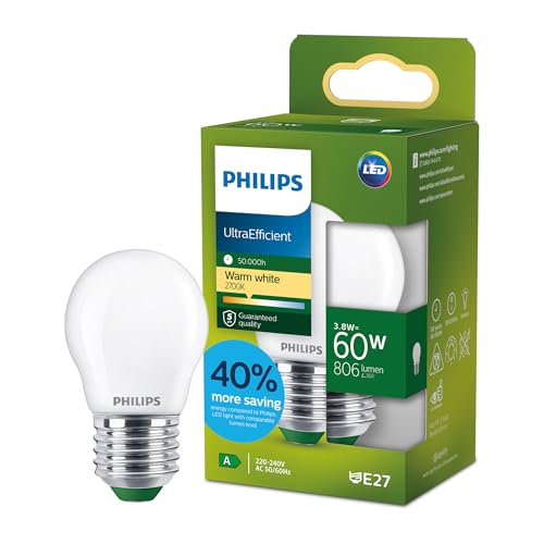 Philips LED UltraEfficient Bombilla P45 E27, 60W equivalentes, Luz Blanca Cálida 2700K, 806lm, EyeComfort, Vida útil de 50.000 horas, Clase energética A, Efecto Mate, 1 ud