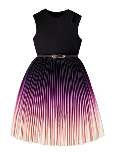 SweatyRocks Girl's Ombre Pleated Sleeveless Dress Cut Out A Line Crewneck Dresses with Belt