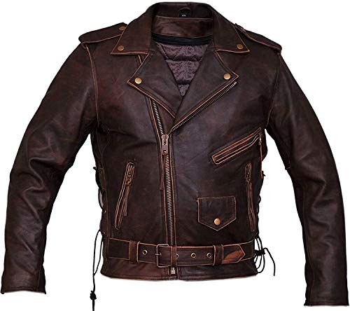 Men's Brando Vintage Biker Style Classic Diamond Motorcycle Dark Brown Leather Jacket