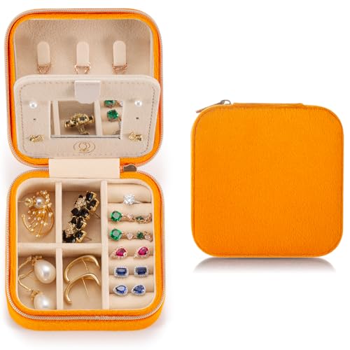 TRODANCE Plush Velvet Travel Jewelry Case Organizer, Small Travel Jewelry Box,Portable Jewelry Box Travel Mini Organizer Portable Display Storage Box For Rings Earrings Necklaces (Orange)
