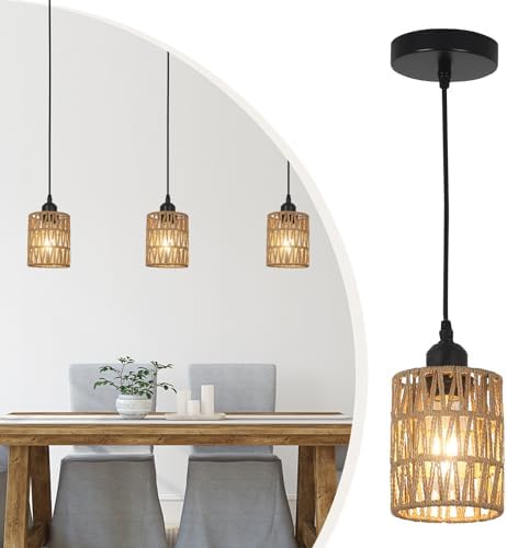 LAMSU 3 Pack Rattan Pendant Lights Kitchen Island, Farmhouse Pend...