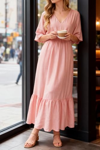 Image of Women's Summer Short Sleeve Maxi Floral Flowy Dresses with Pockets
