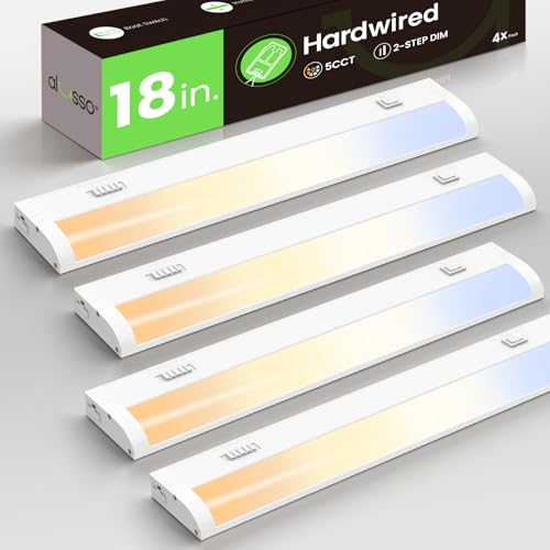 Image of ALUSSO 18 Inch LED Under Cabinet Lighting Hardwired 120V, 5CCT Color Selectable 2700K-5000K Dimmable 10W 800LM High Brightness, CRI 90+ Strip Linkable Under Counter Lights for Kitchen Sink, 4 Pack