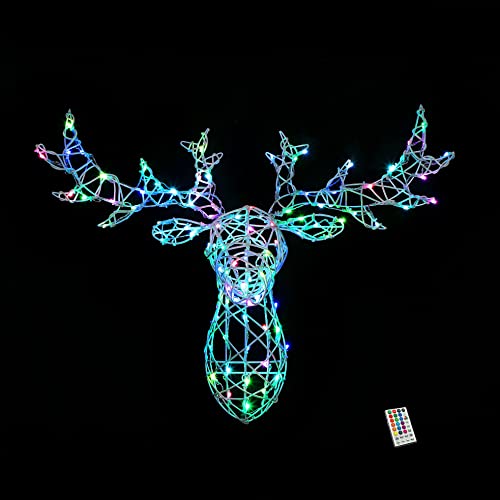 Noma Reindeer Stag Head Christmas Decoration With Remote : White Wicker, 100x Colour Changing LEDs : Battery Timer: 80cm : 2521012