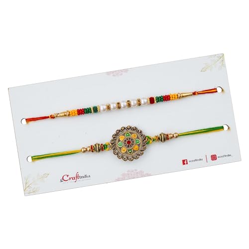 Image of eCraftIndia Set of 2 Yellow, White & Maroon Designer Diamond Rakhis with Roli Chawal Pack