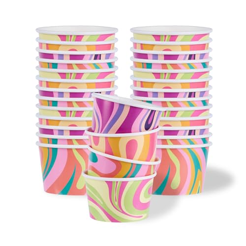 Image of Restaurantware Paper Cups 200 Count 8 Ounce Square Disposable Ice Cream Containers, Leak-Resistant Paper Dessert To Go Cups, Hot And Cold Food, Durable Assorted Groove Swirl Design