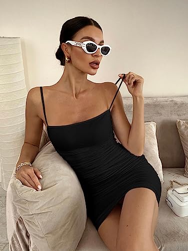 Image of BEAGIMEG Women's Sexy Spaghetti Strap Bodycon Ruched Club Mini Party Dress